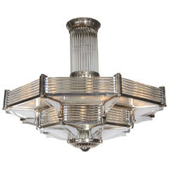 Huge French Modernist Two-Tier Petitot Chandelier in Nickeled Bronze and Glass 7