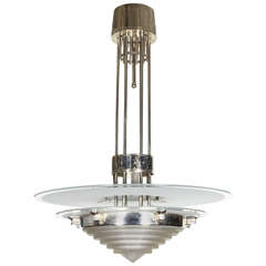 French Art Deco Polished Nickel and Glass Chandelier Signed Leleu 9