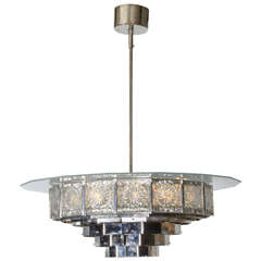 Large Mid-Century Modern 16-Sided Glass and Nickel Chandelier