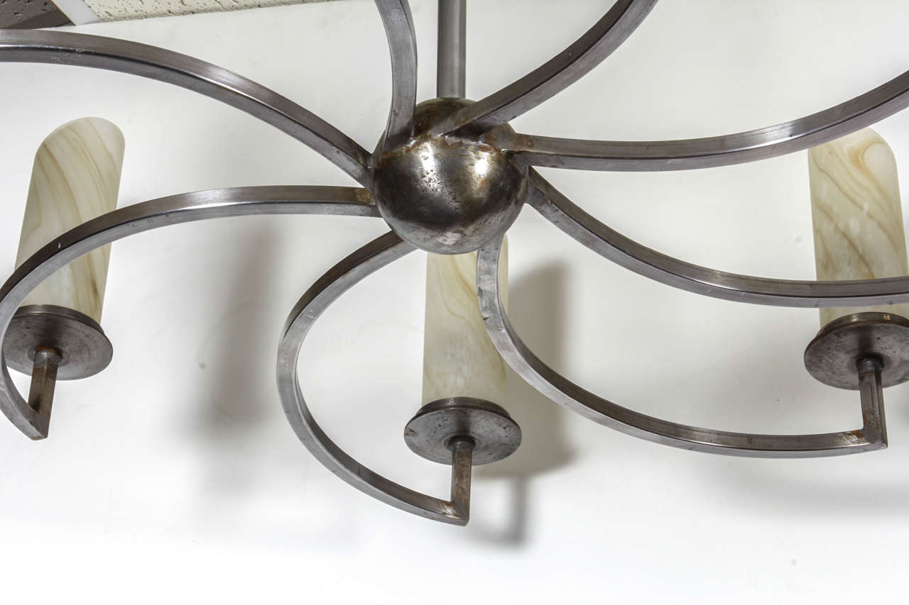 Large Eight-Arm Iron Chandelier with Glass Shades In Good Condition In New York City, NY