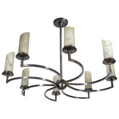 Large Eight-Arm Iron Chandelier with Glass Shades