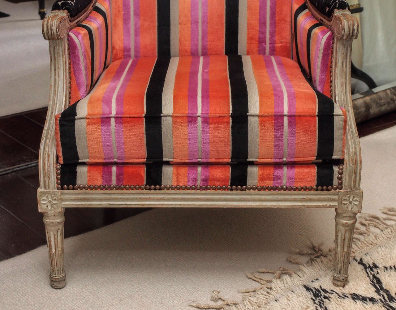 Painted Pair of Louis XVI-Style Bergeres with Vibrant Velvet Upholstery