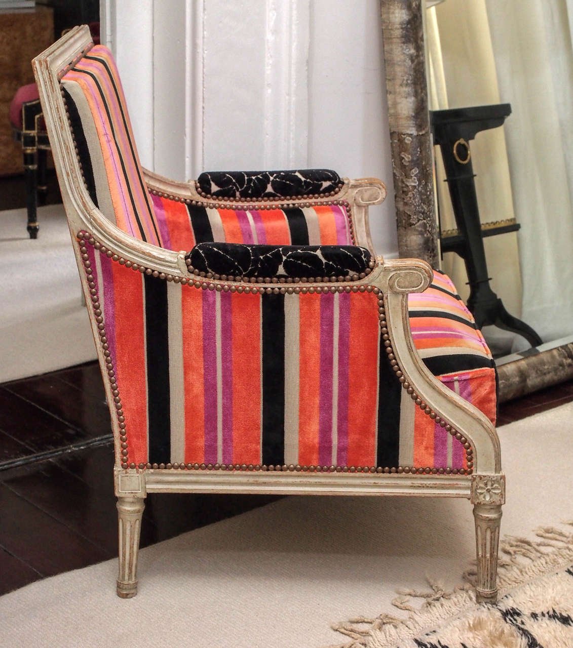 Mid-20th Century Pair of Louis XVI-Style Bergeres with Vibrant Velvet Upholstery