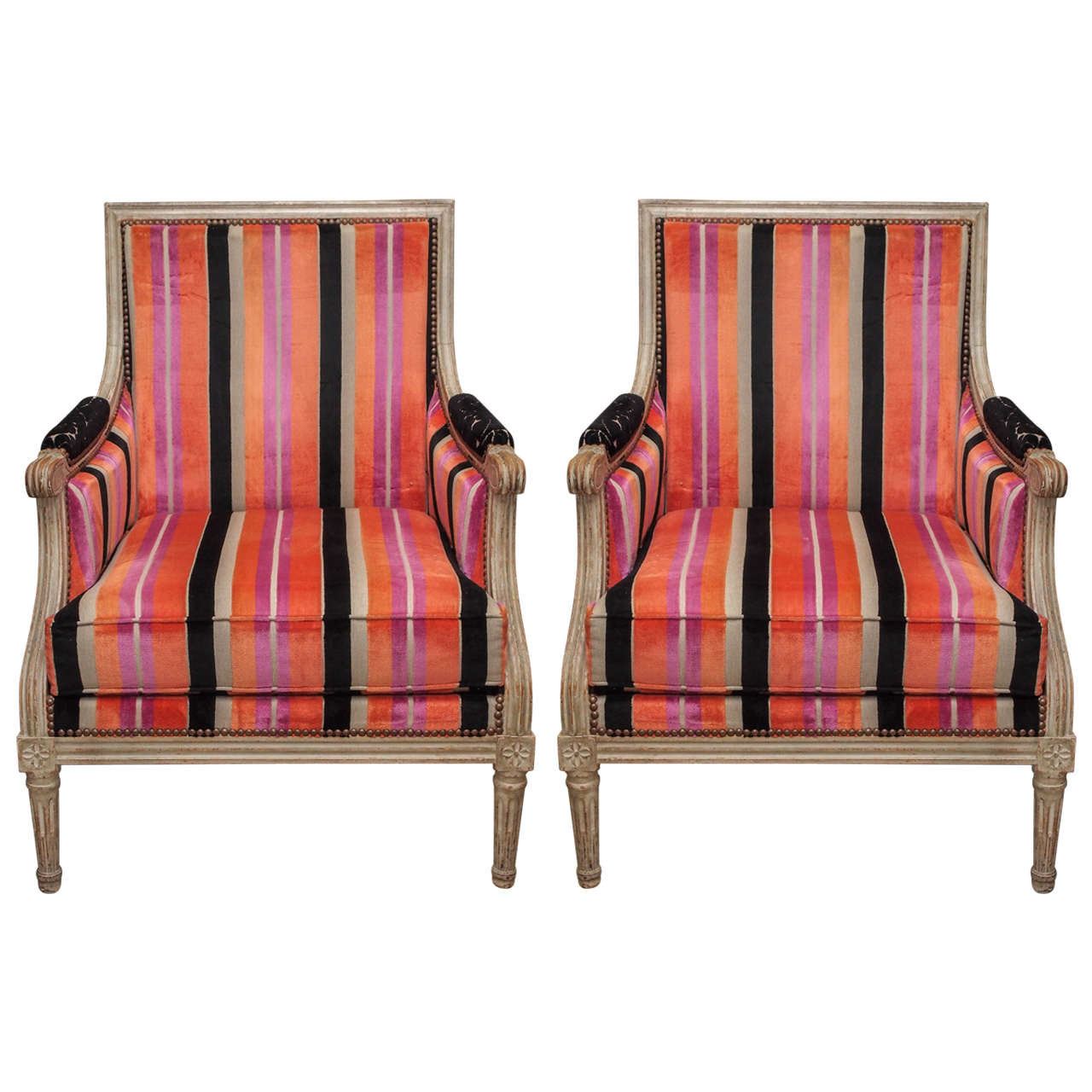 Pair of Louis XVI-Style Bergeres with Vibrant Velvet Upholstery