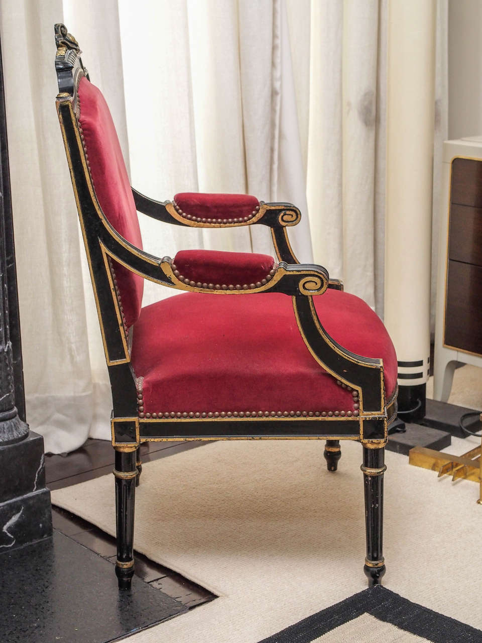 Wood Pair of Louis Philippe Ebonized Armchairs