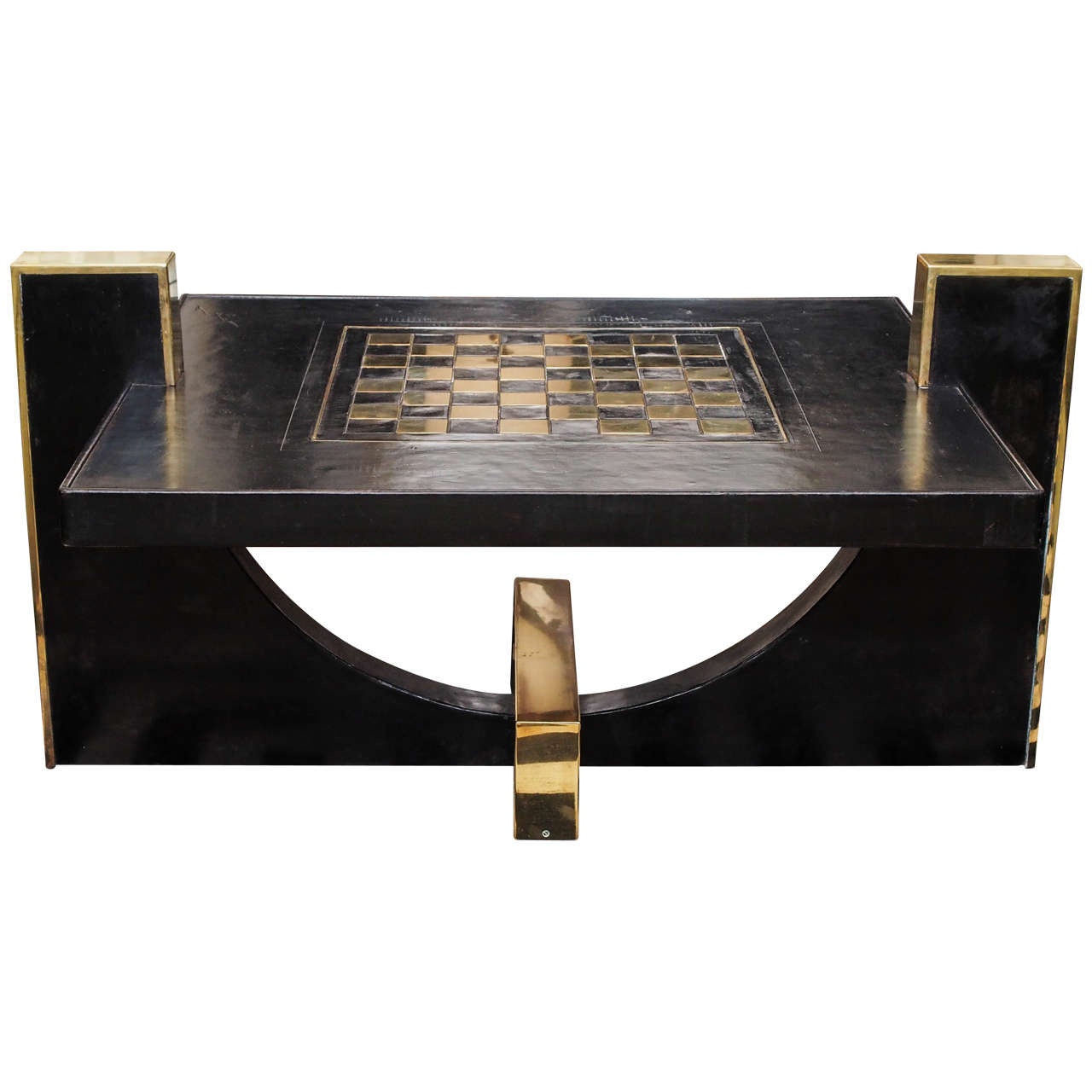 "Chess Board" Low Table in Black Leather and Brass