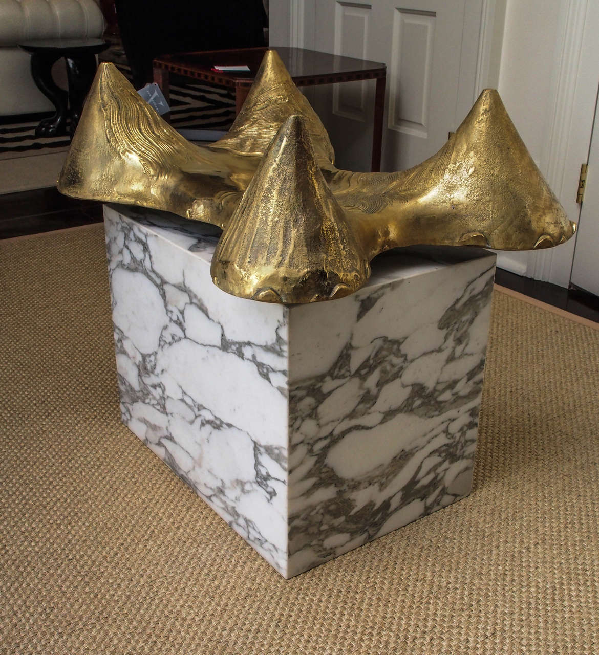Two part table base with upper section in cast bronze, signed 