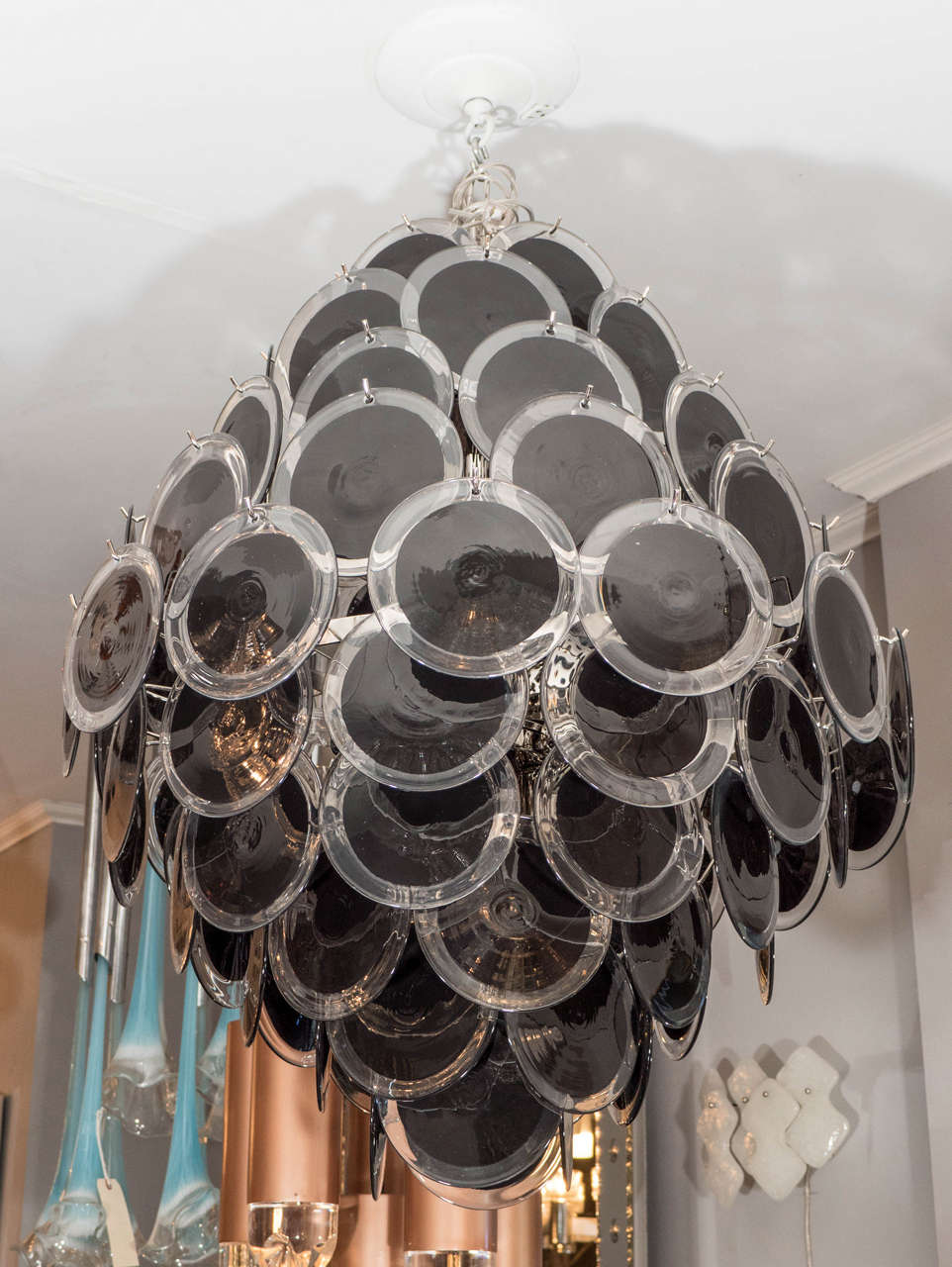 Custom black Murano glass disc chandelier in double cone shape. Customization is available in different sizes, finishes and glass colors.