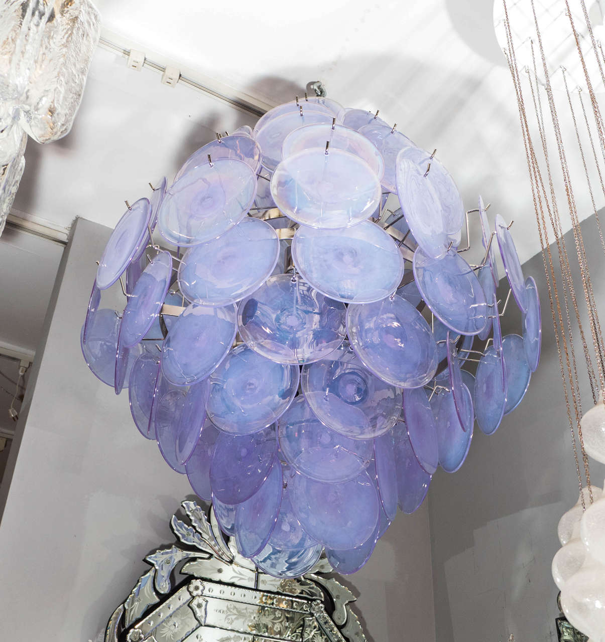 Custom Alex Iridescent Murano glass disc chandelier in double cone shape. Customization is available in different sizes, finishes and glass colors.
