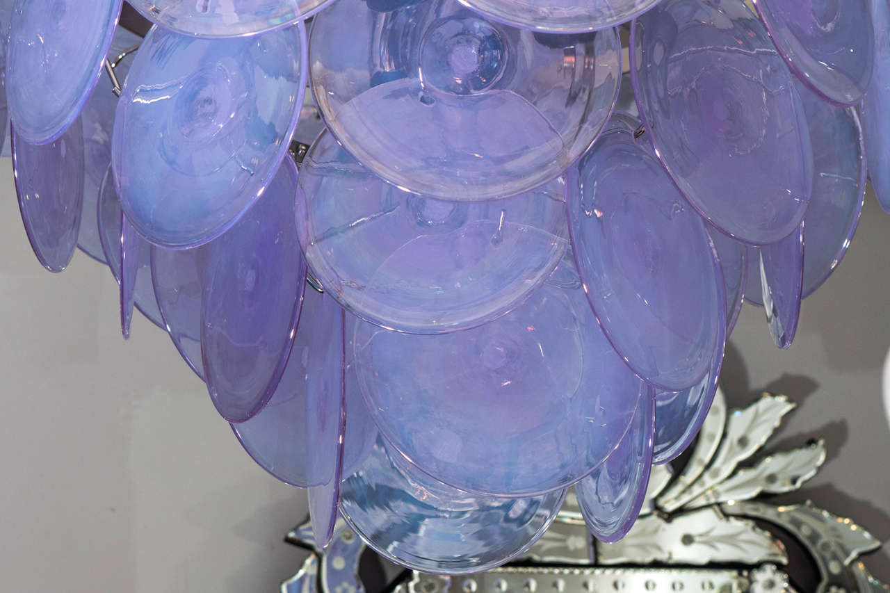 Italian Custom Alex Iridescent Murano Glass Disc Chandelier in Double Cone Shape For Sale