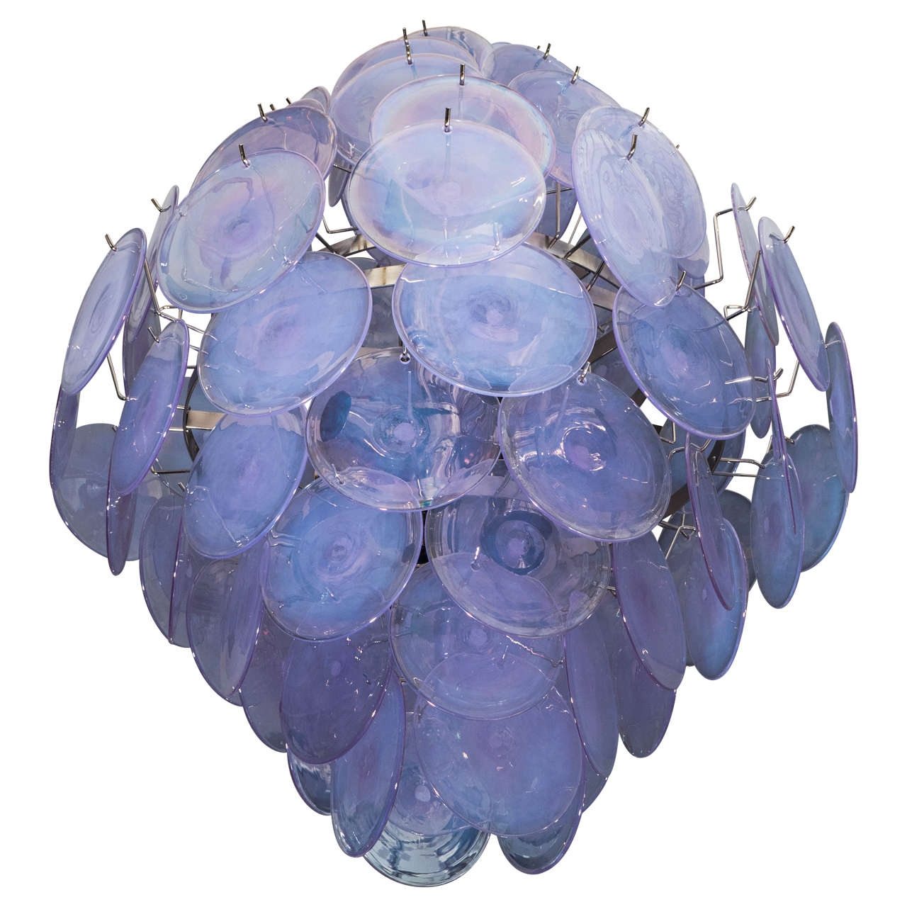 Custom Alex Iridescent Murano Glass Disc Chandelier in Double Cone Shape For Sale