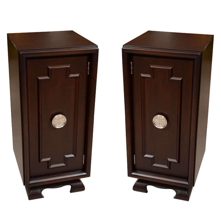 Pair of Asian Motif Tall Nightstands and Cabinets
