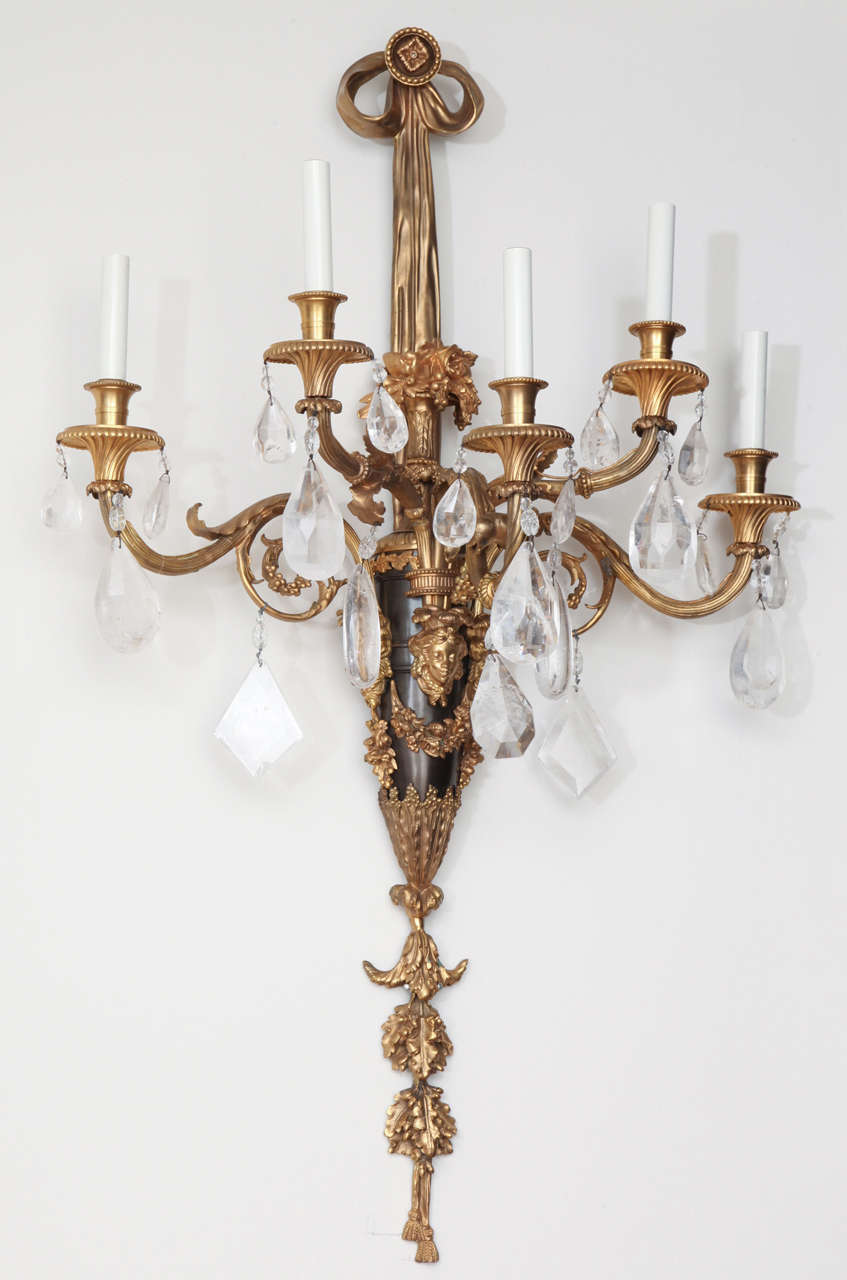 Rare Set of Six Palatial Antique French Louis XVI Bronze & Rock Crystal Sconces