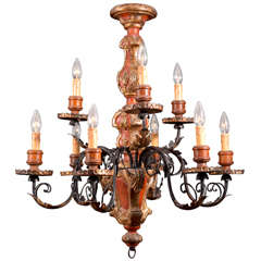 Italian Hand Carved Gilt Wood With Iron Chandelier