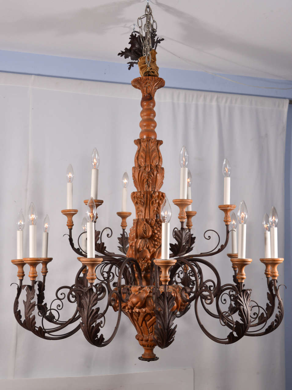 Country French Hand Carved Wood with Graceful Scrolling Arms Chandelier