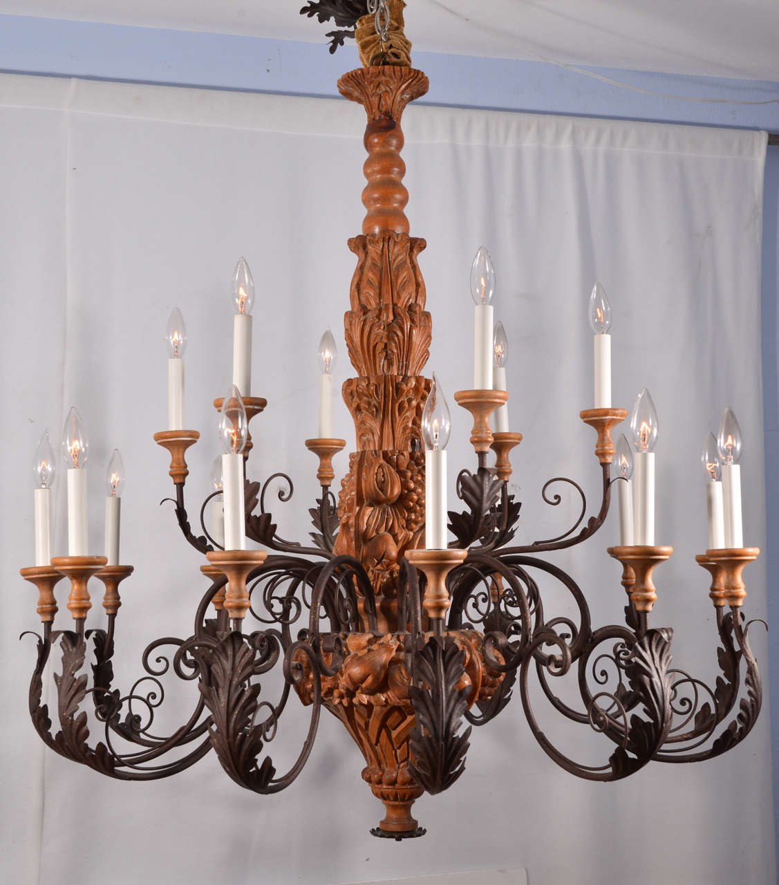 French Provincial Country French Hand Carved Wood with Graceful Scrolling Arms Chandelier