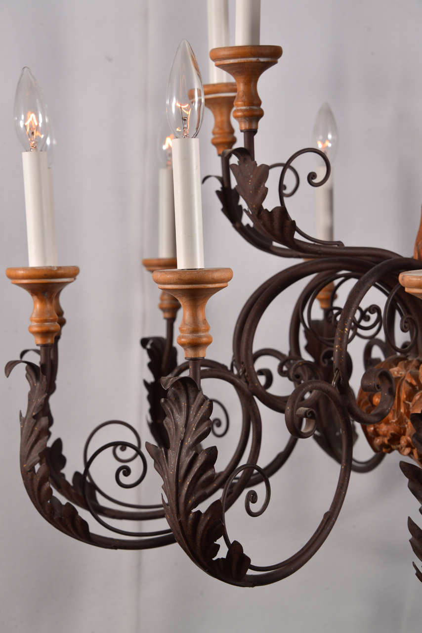 Country French Hand Carved Wood with Graceful Scrolling Arms Chandelier In Excellent Condition In Austin, TX