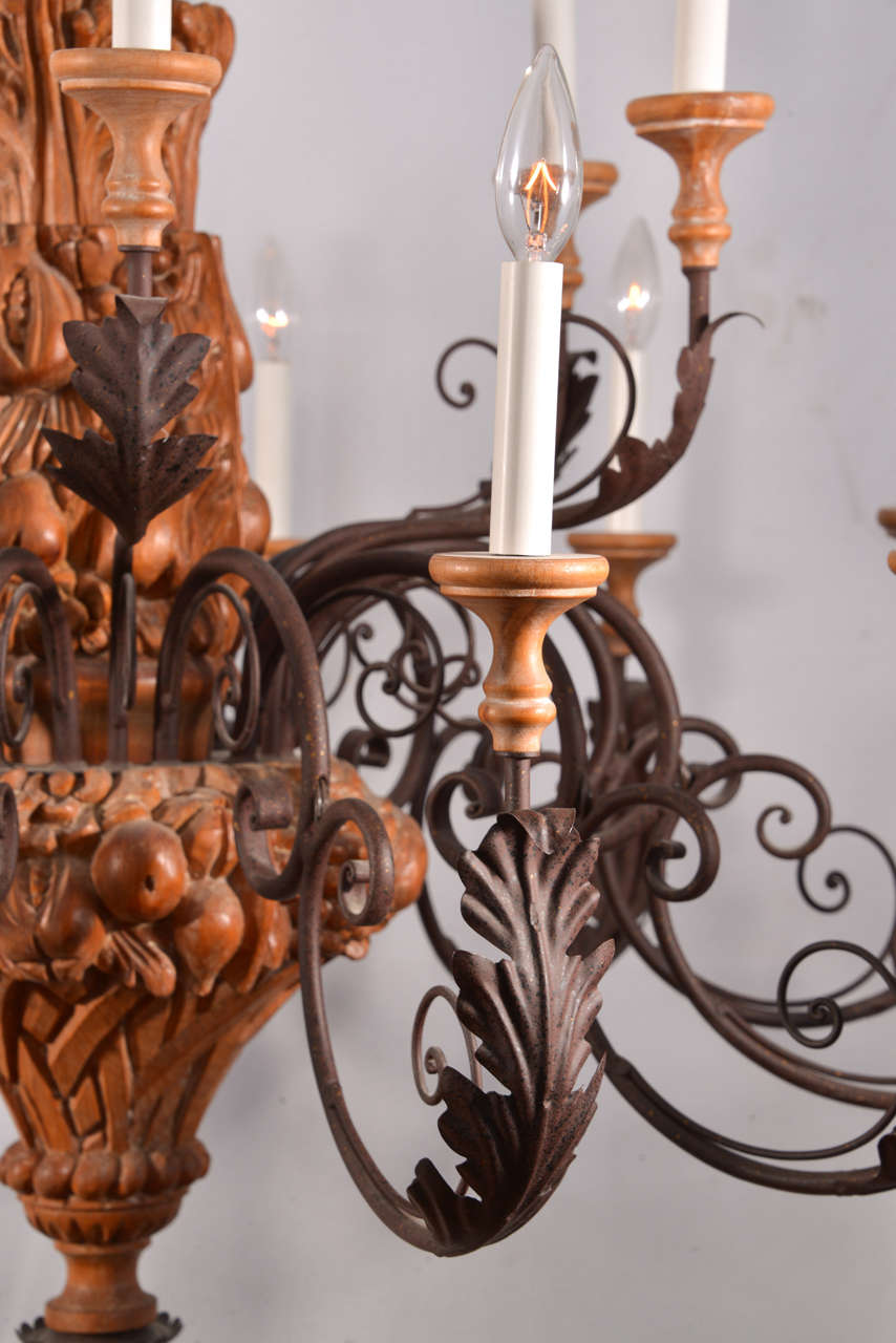 Mid-20th Century Country French Hand Carved Wood with Graceful Scrolling Arms Chandelier