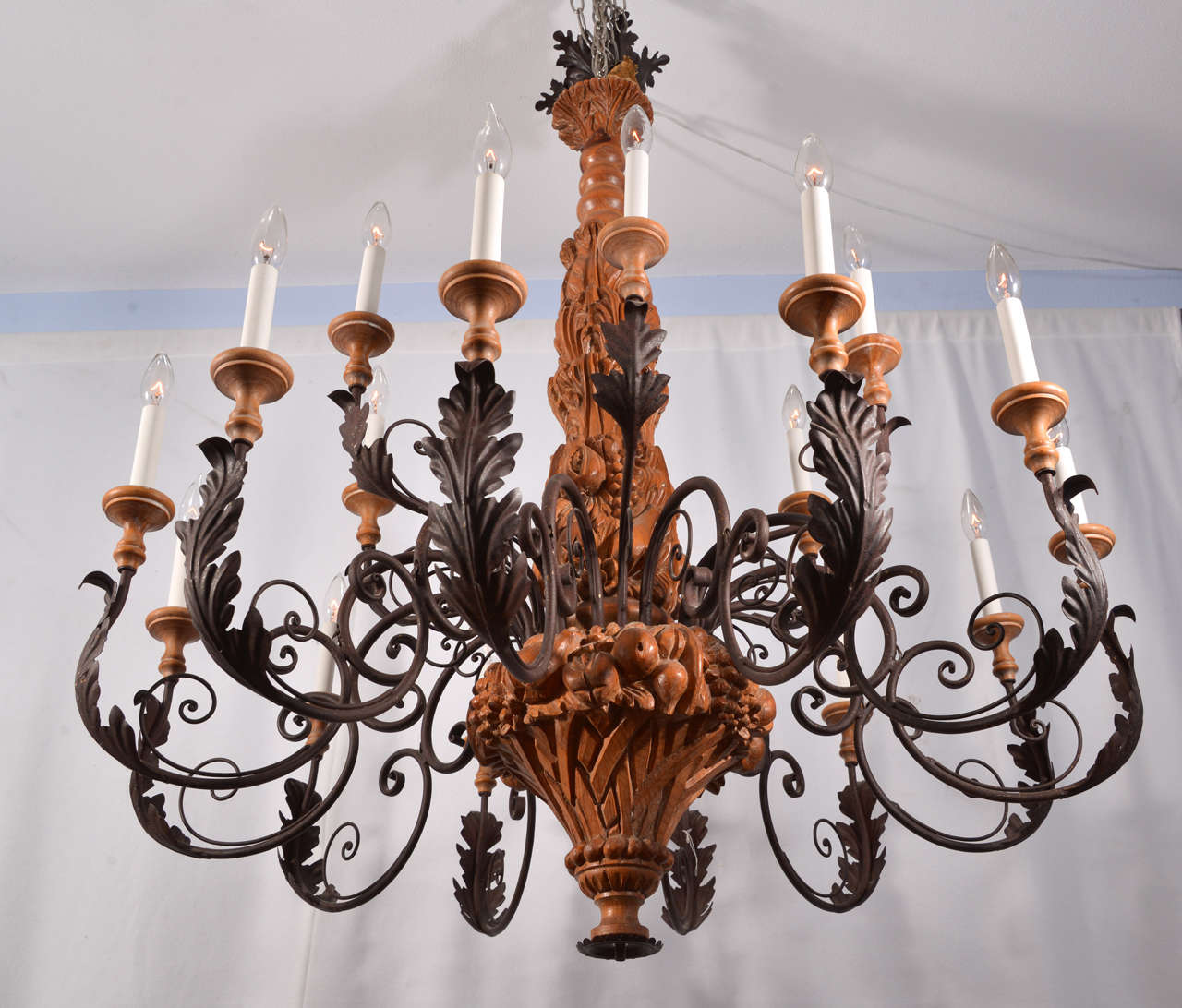 Country French Hand Carved Wood with Graceful Scrolling Arms Chandelier 4