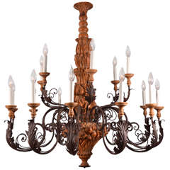 Country French Hand Carved Wood with Graceful Scrolling Arms Chandelier