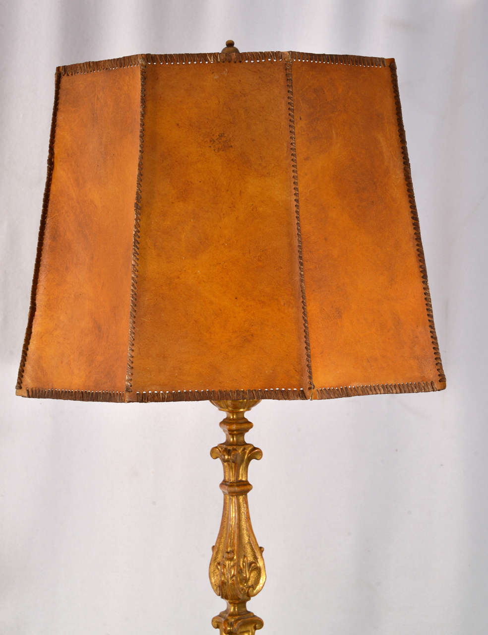 Pair of Italian Gilt Prickets as Lamps with Hand Made Leather Shades In Good Condition For Sale In Austin, TX