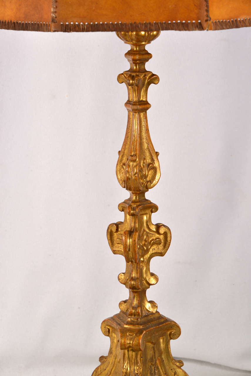 19th Century Pair of Italian Gilt Prickets as Lamps with Hand Made Leather Shades For Sale