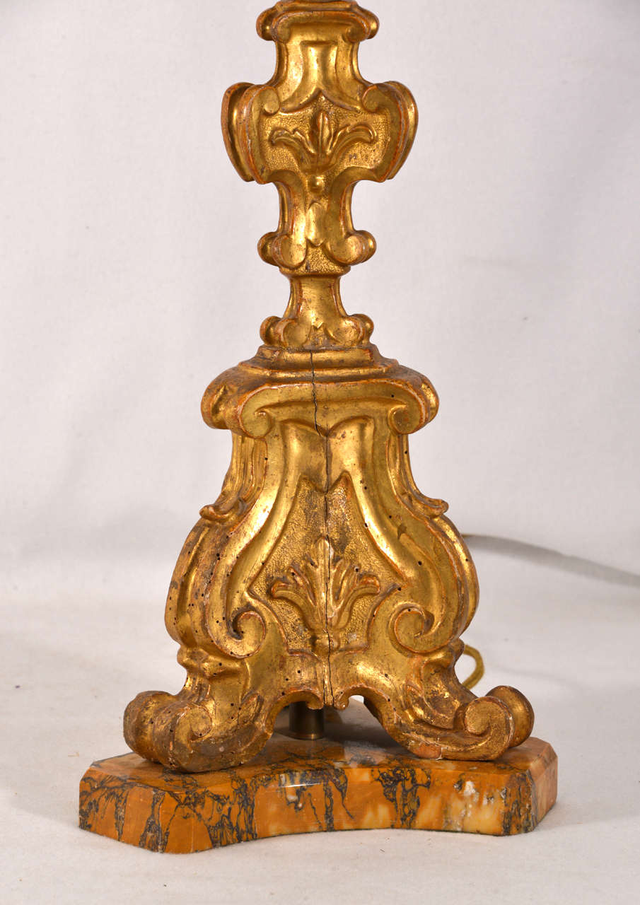 Pair of Italian Gilt Prickets as Lamps with Hand Made Leather Shades For Sale 1