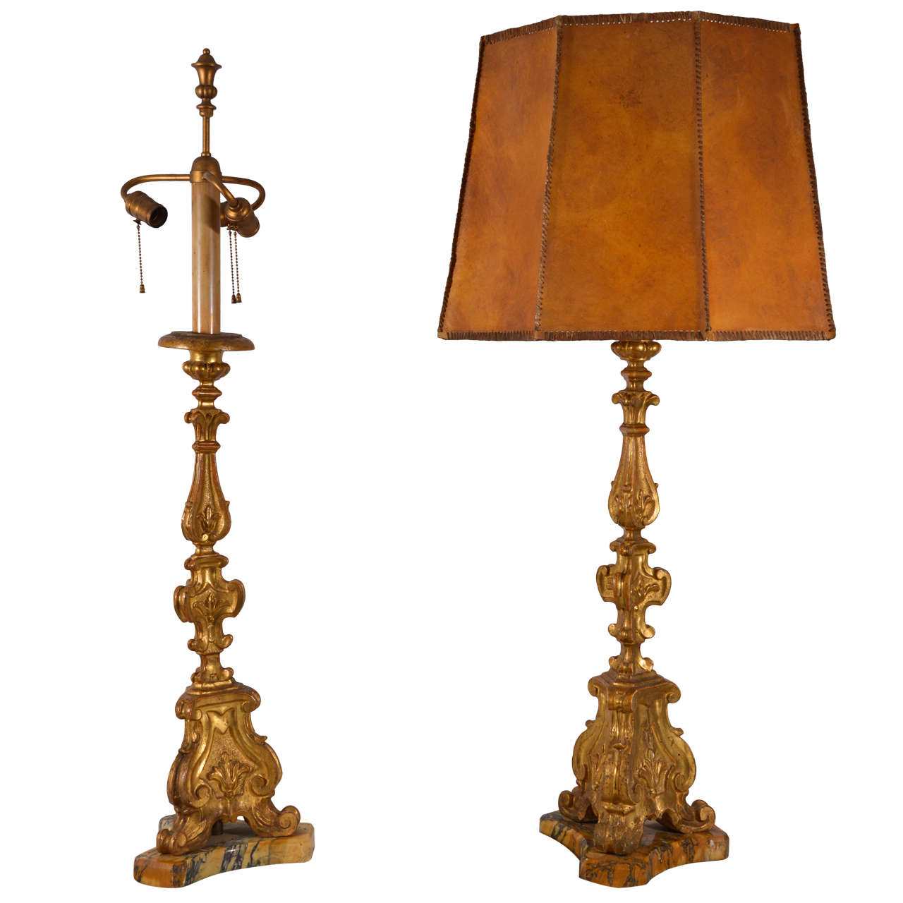 Pair of Italian Gilt Prickets as Lamps with Hand Made Leather Shades For Sale