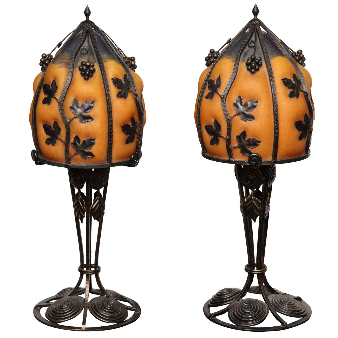 Pair of Art Deco Style Wrought Iron and Art Glass Table Lamps