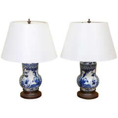 A Pair of Chinese Blue & White Porcelain Vases, c. 1860, mounted as Lamps