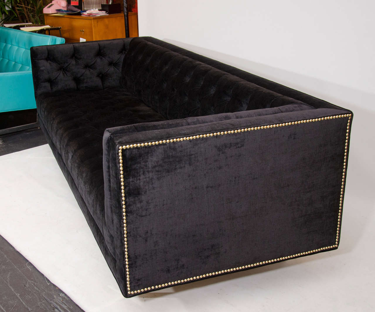 American Modernist Tufted Tuxedo Sofa with Brass Accents For Sale