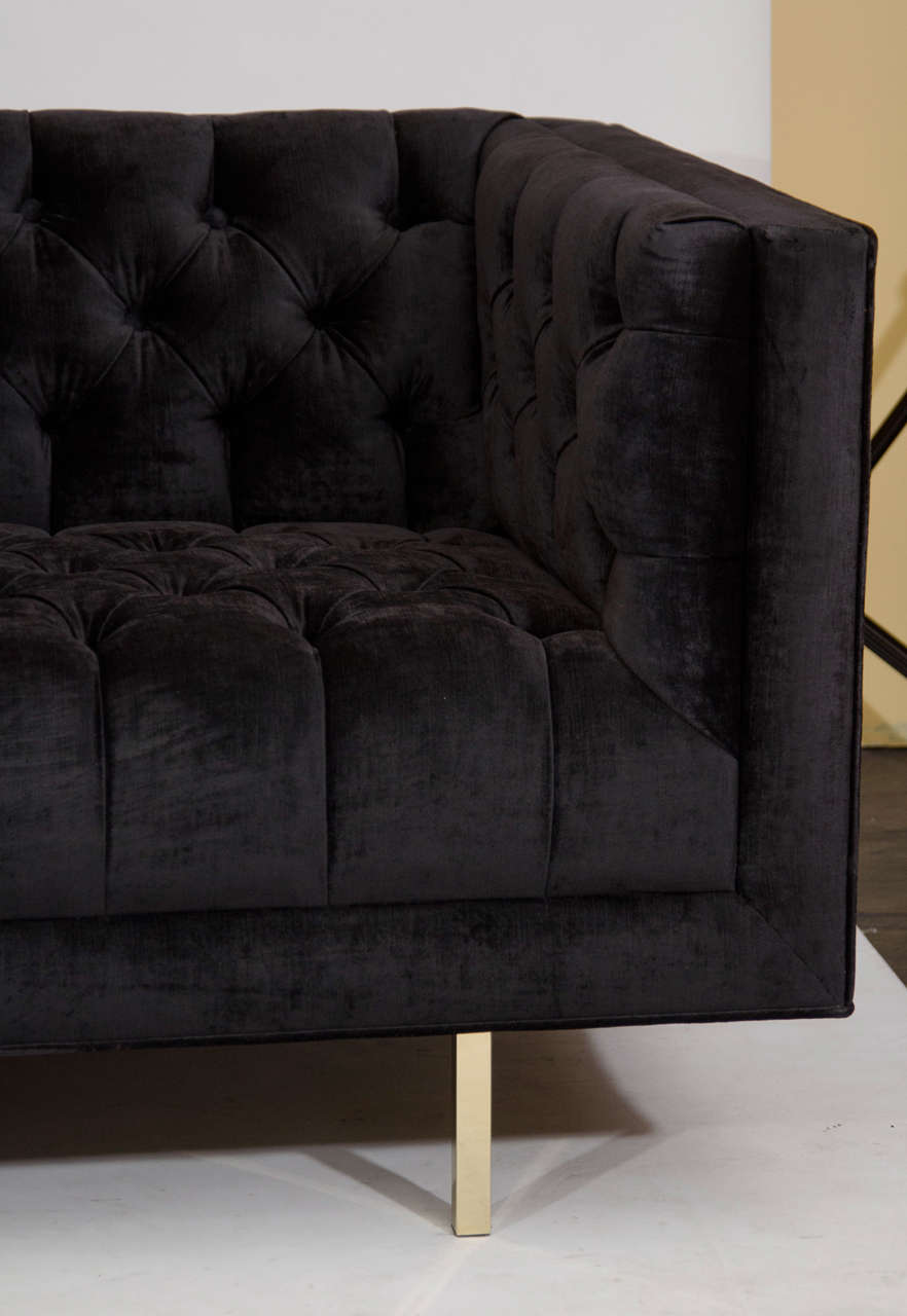 Contemporary Modernist Tufted Tuxedo Sofa with Brass Accents For Sale