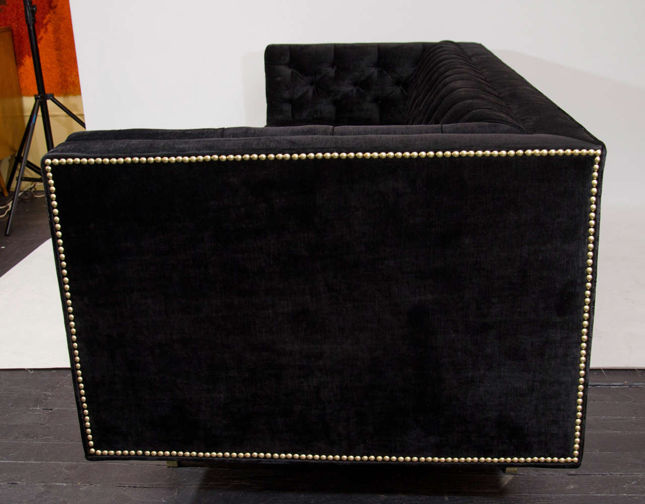 Modernist Tufted Tuxedo Sofa with Brass Accents For Sale 2