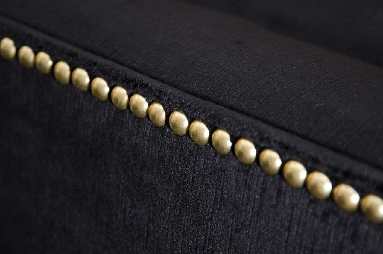 Modernist Tufted Tuxedo Sofa with Brass Accents For Sale 4