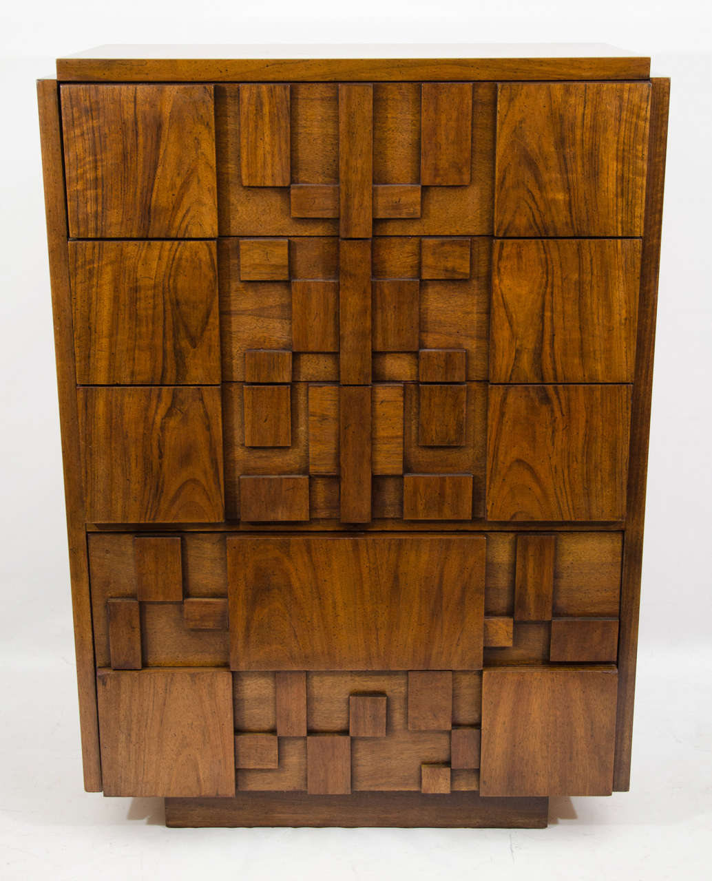 Handsome sculptural front highboy dresser. This five-drawer piece is from Lane's Brutalist Mosaic Series. Also available is a pair of nightstands and a dresser or credenza. Please contact for location. 