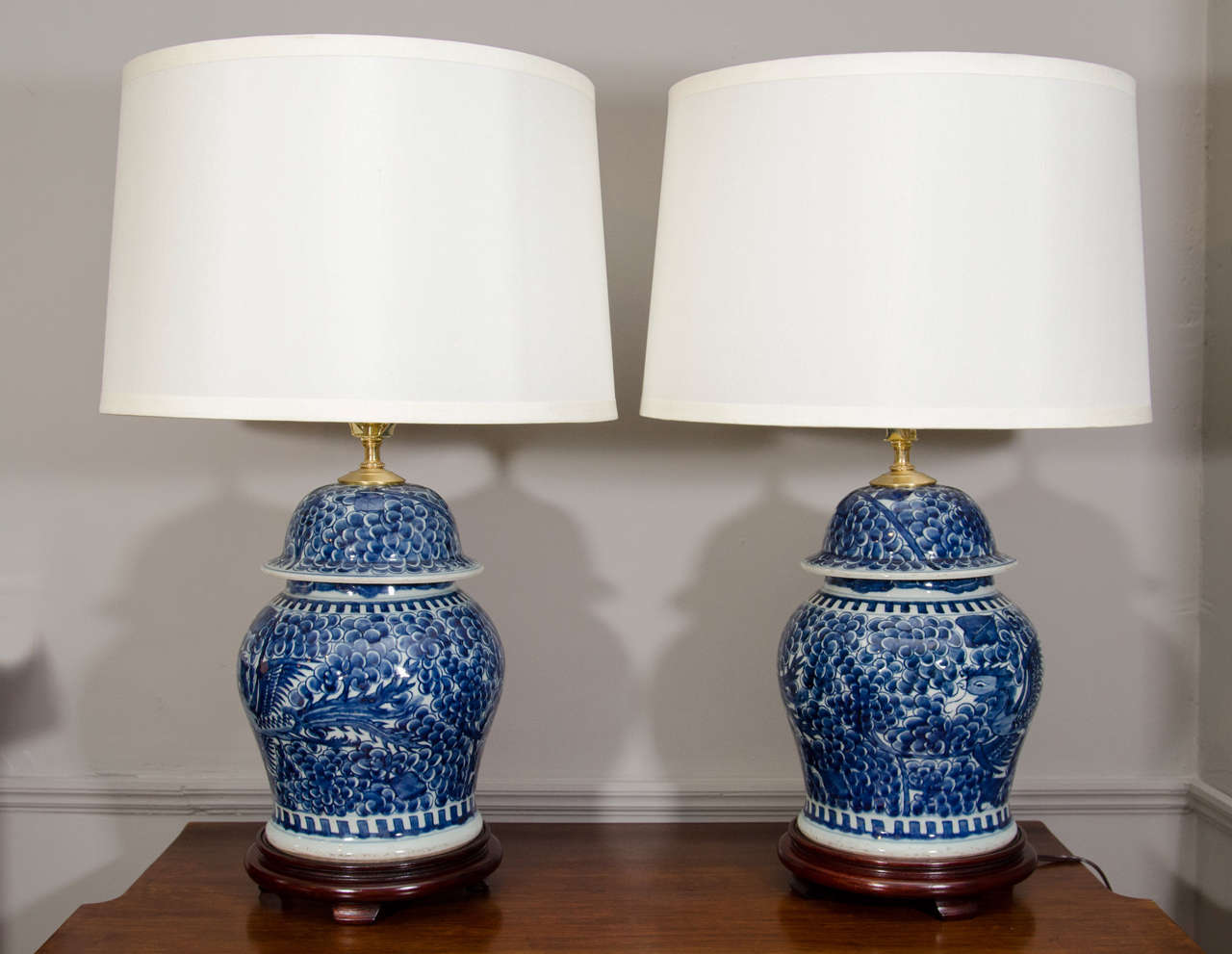 Pair Of Blue And White Porcelain Chinese Temple Jar Lamps.
20th Century.