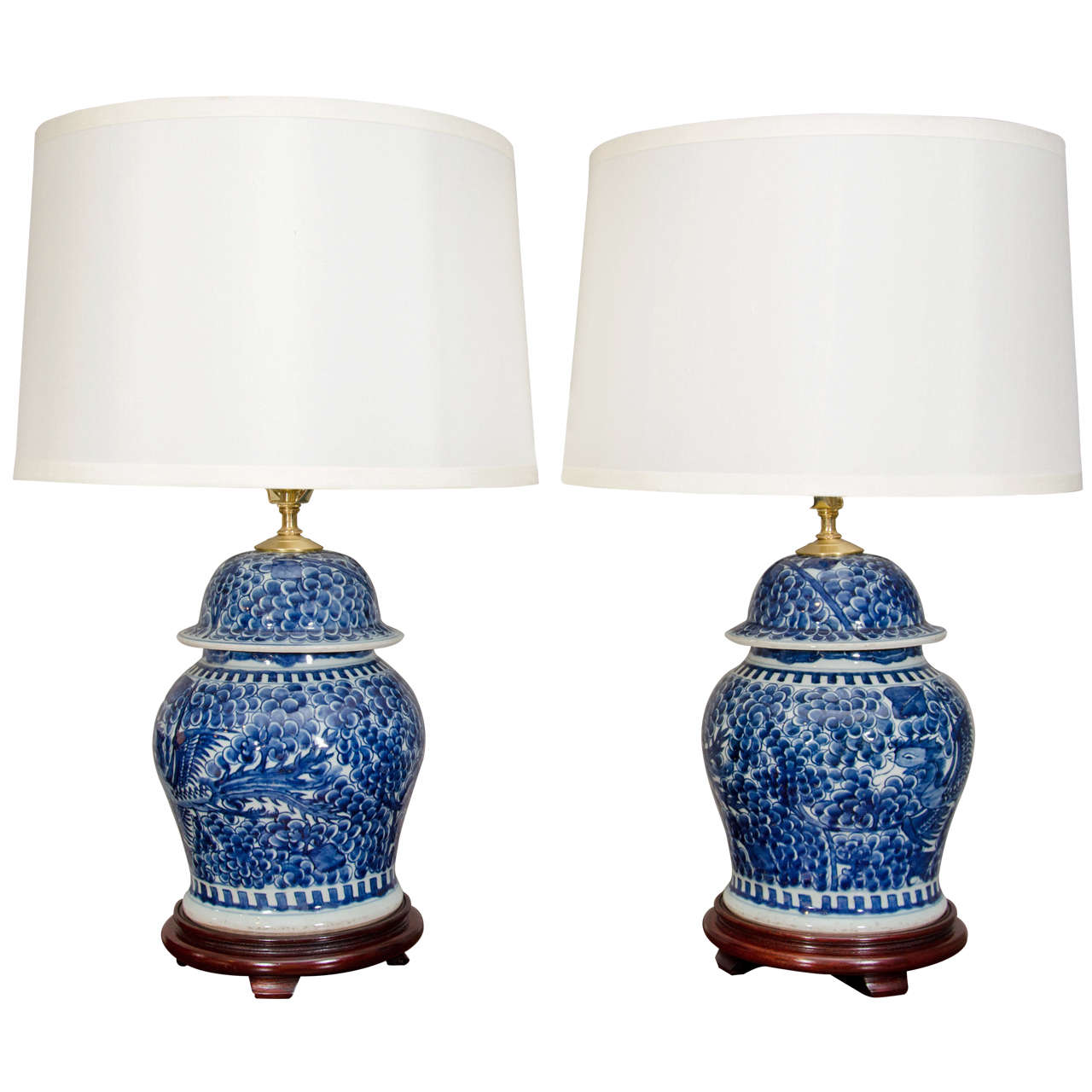 Pair Of Blue And White Porcelain Chinese Temple Jar Lamps