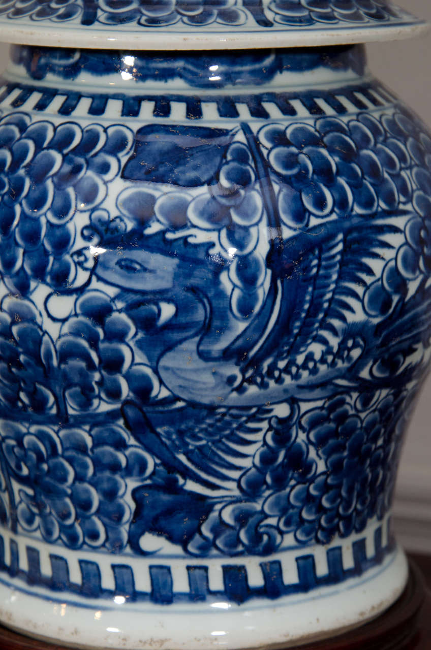 Pair Of Blue And White Porcelain Chinese Temple Jar Lamps In Excellent Condition In Long Island City, NY