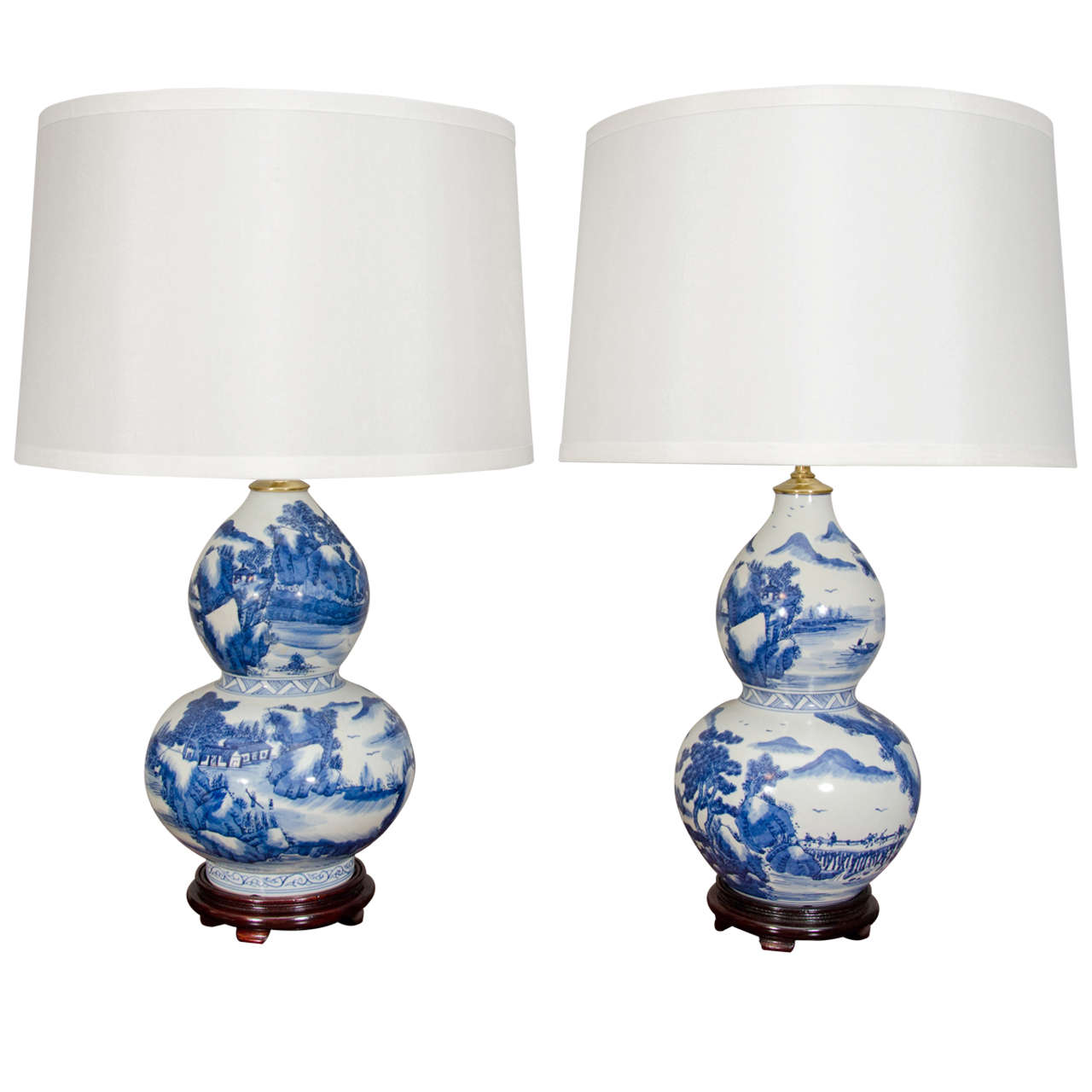 Pair of Chinese Blue And White Double Gourd Shaped Lamps