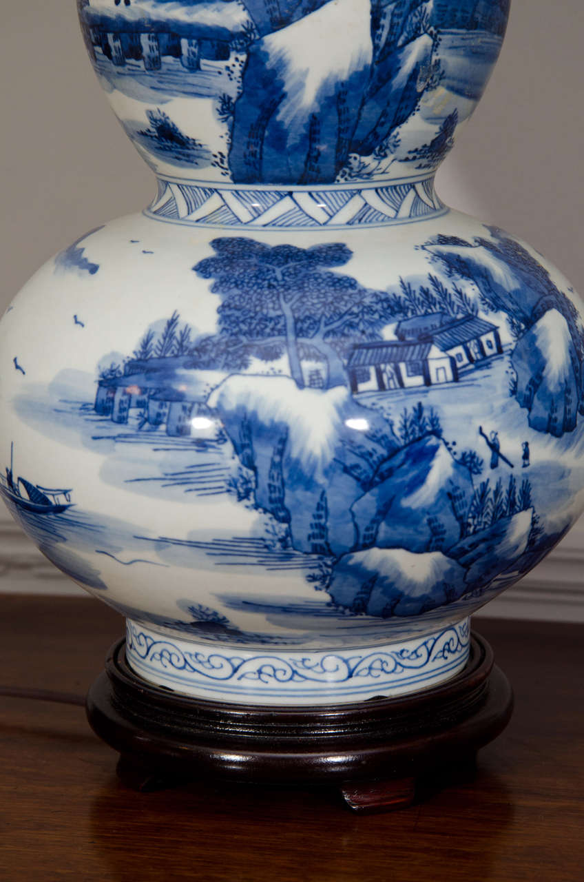 20th Century Pair of Chinese Blue And White Double Gourd Shaped Lamps