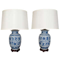 Pair Of Blue And White Porcelain Chinese Ginger Jar Lamps