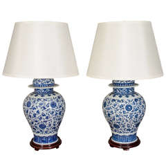 Pair Of Blue And White Porcelain Chinese Temple Jar Lamps