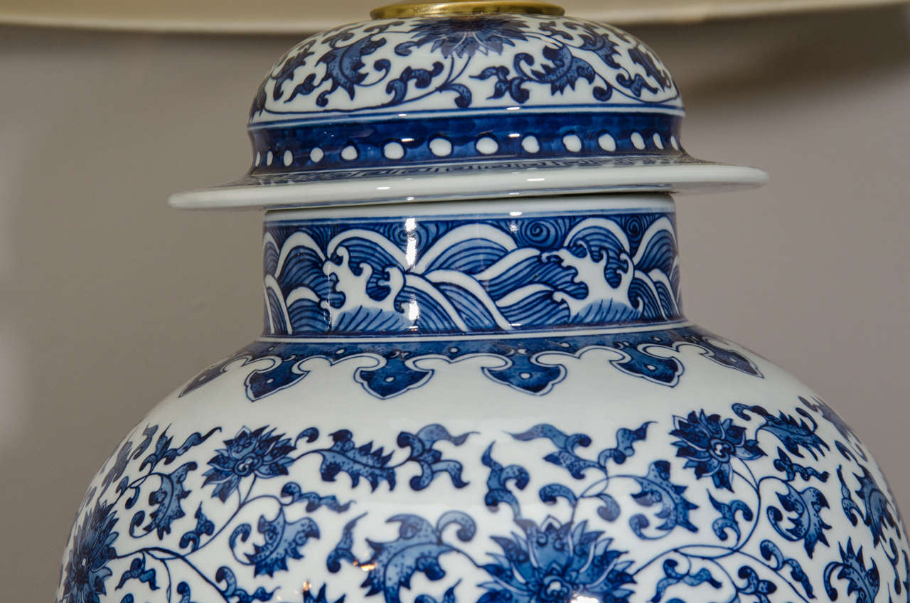 Regency Pair Of Blue And White Porcelain Chinese Temple Jar Lamps