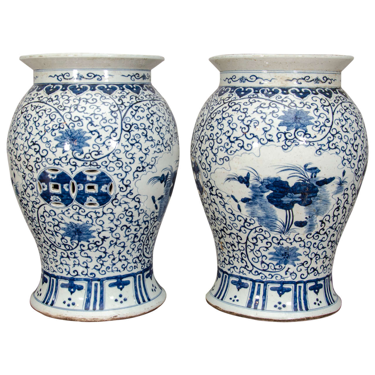 Pair of Small Chinese Blue And White Garden Seats 