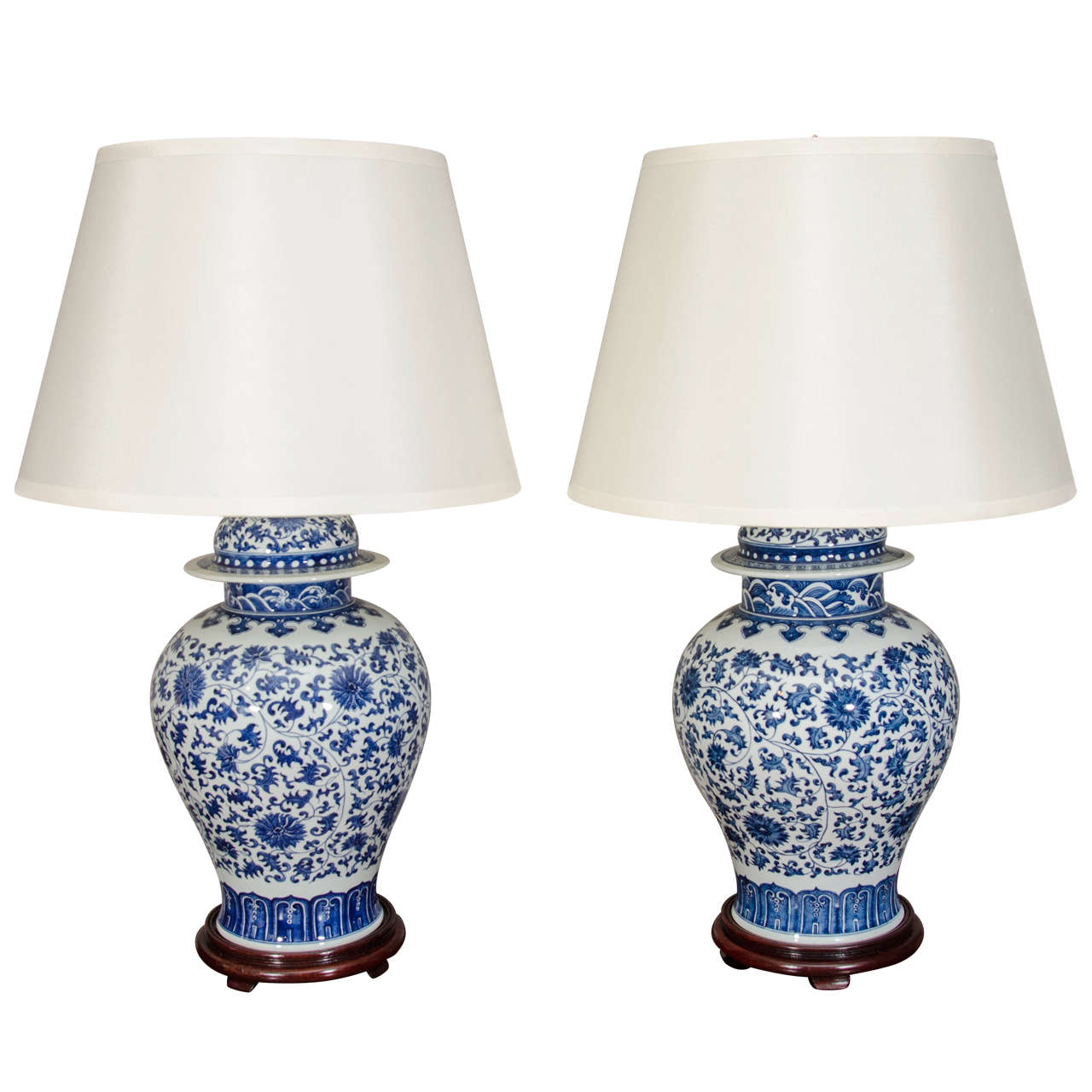 Pair Of Blue And White Porcelain Chinese Temple Jar Lamps at 1stDibs