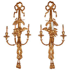 Antique Late 19th Pair Wall Sconces Carved and Gilded Wood
