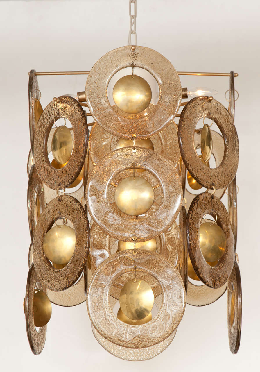 Smoked glass, brass and ivory painted metal, 4 lights, rewired
height 29.5 plus 12 inches chain