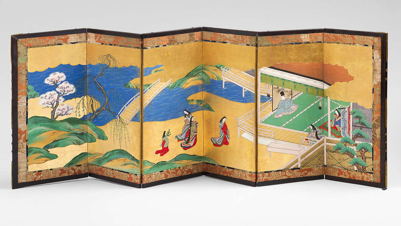Pair of six leaves screens representing the 11th century Japanese Novel the 'Genji Tale.' Polychrome paining and ink on a gilded background. The Genji Monogarati or 'Genji Tale' is a major work from the 11th century Japanese literature attributed to