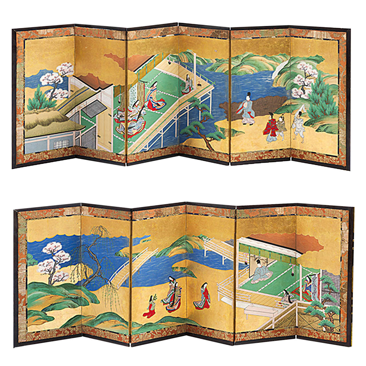 18th Century Pair of Japanese Screens, "Genji Tale" For Sale