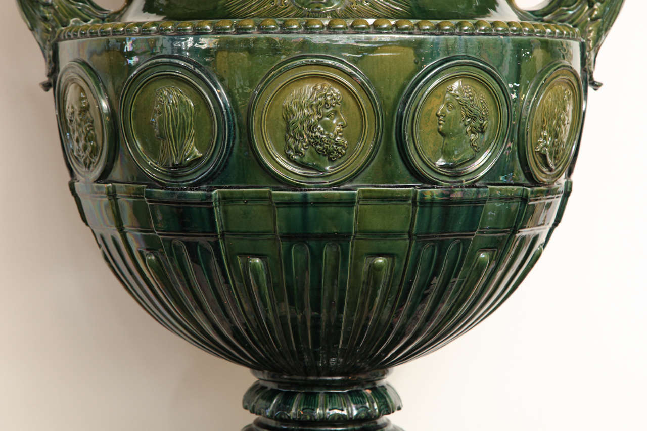 19th Century English, Heroic Sized Majolica Glazed Urn 1